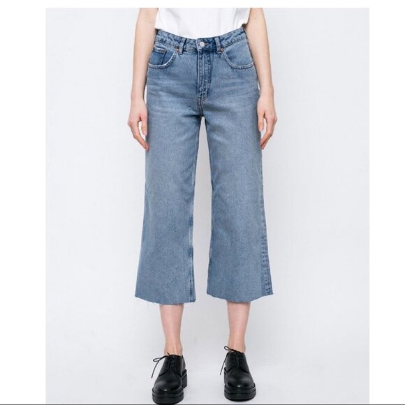 CHEAP MONDAY Ally Blue Gem High Waist Raw Hem Ankle Straight Jeans - Picture 1 of 16